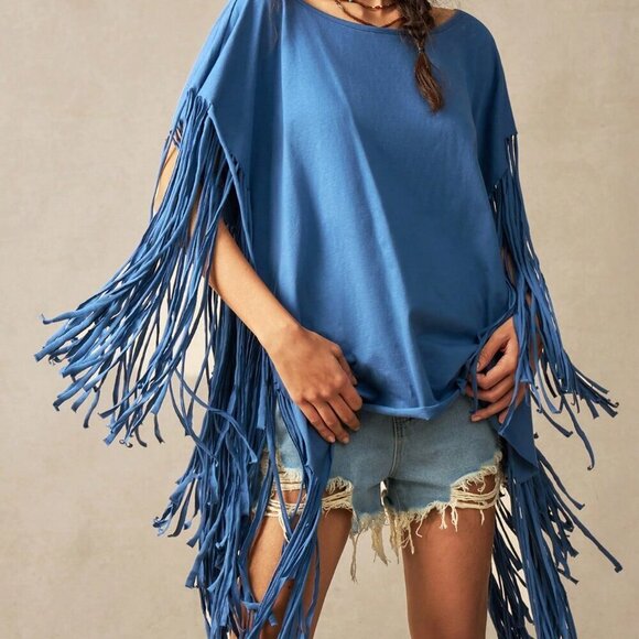 Tops - Blue Casual Women's Tropical Vacation Clothes Knit Oblique Collar Fringe T-Shirt
